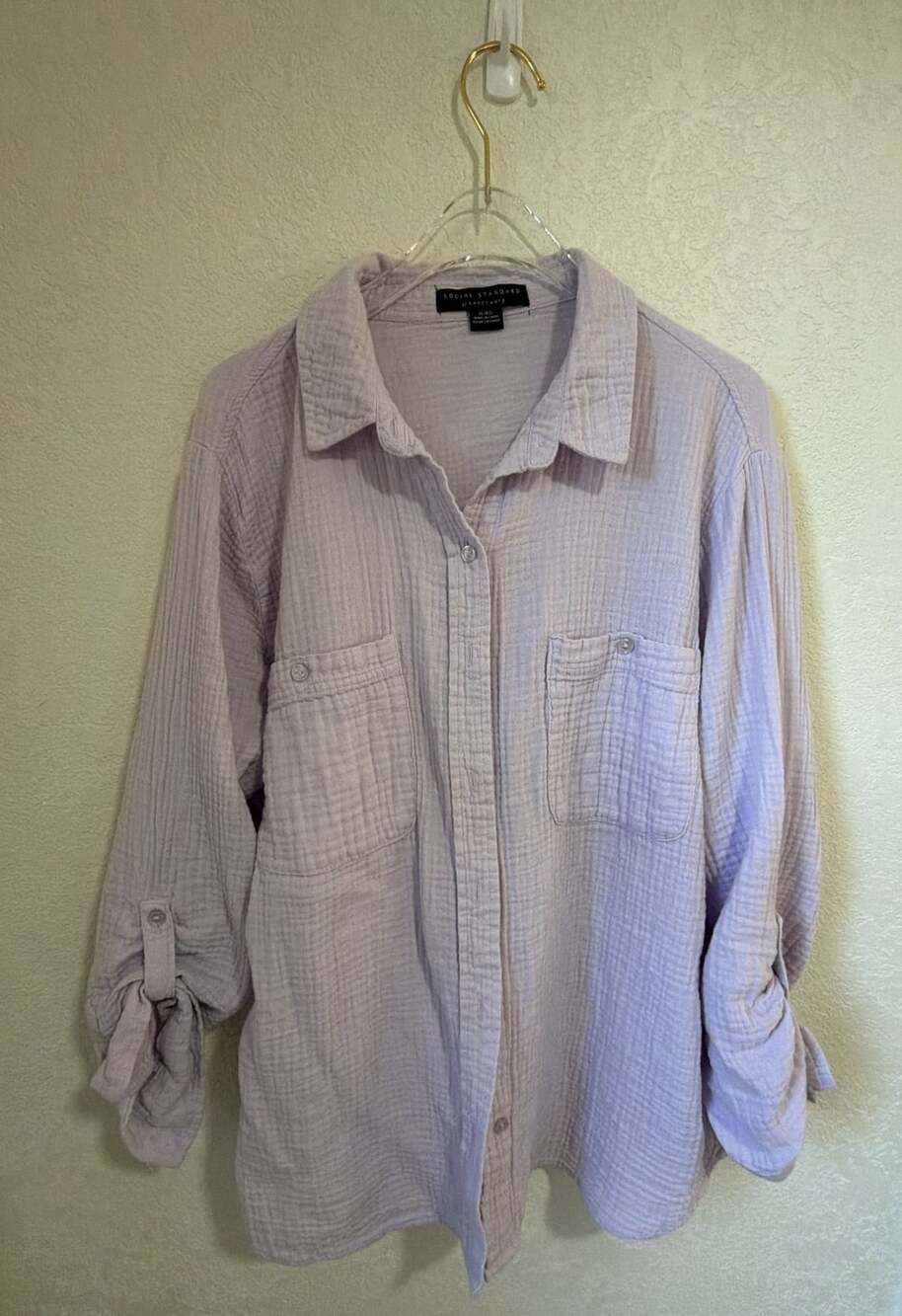 Social Standard by Sanctuary Textured Roll-Sleeve Shirt Size XL Light Purple